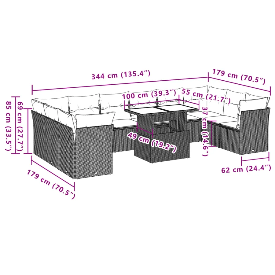Ensemble de canapé de jardin 11 pcs avec coussins marron résine tressée - 9