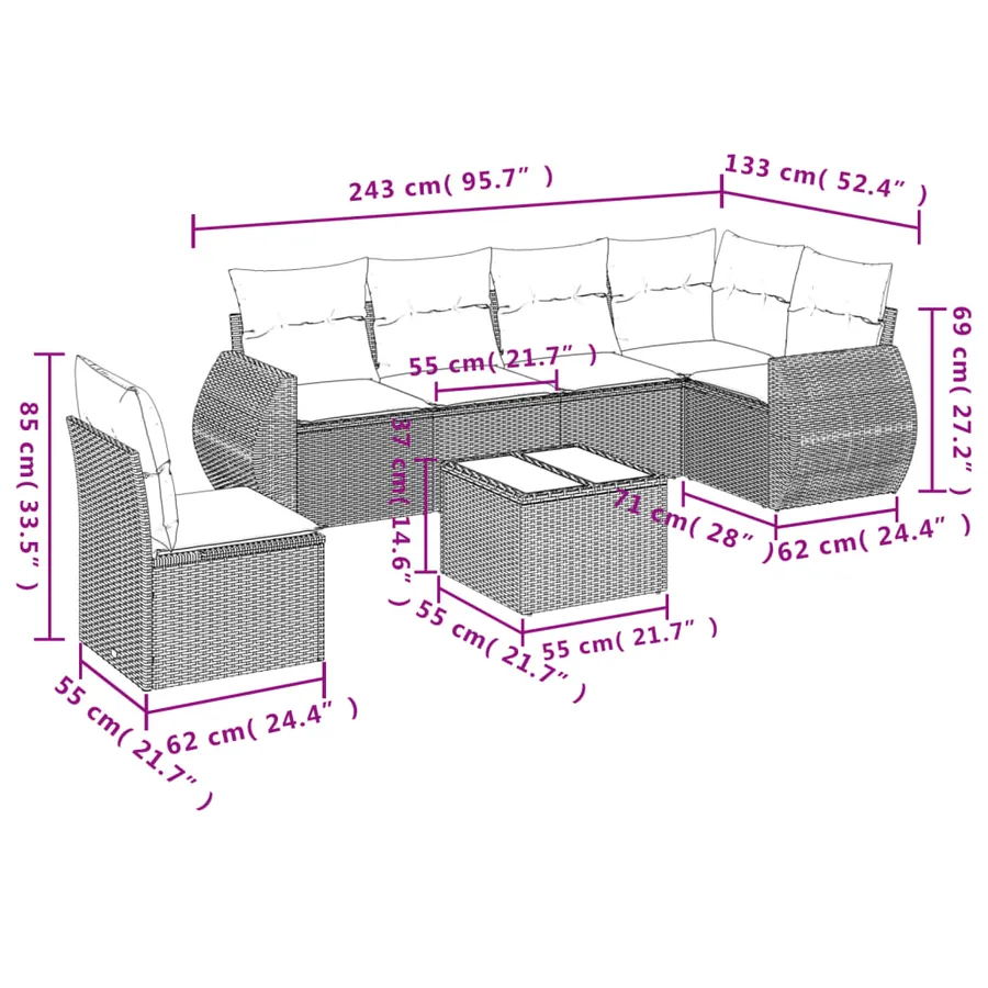 Ensemble de canapé de jardin 7 pcs avec coussins marron résine tressée - 8