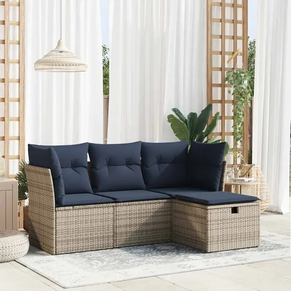Salon de jardin 4 pcs avec coussins gris résine tressée