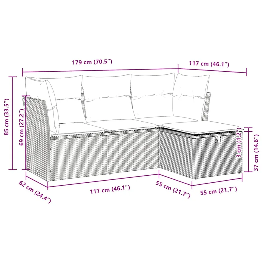 Salon de jardin 4 pcs avec coussins gris résine tressée - 11