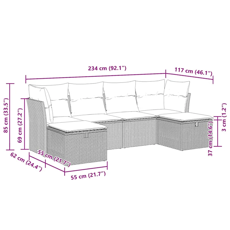 Salon de jardin 6 pcs avec coussins gris résine tressée - 11