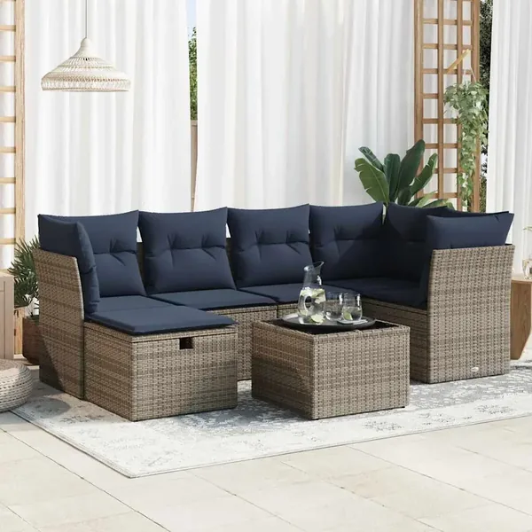 Salon de jardin avec coussins 7 pcs gris résine tressée