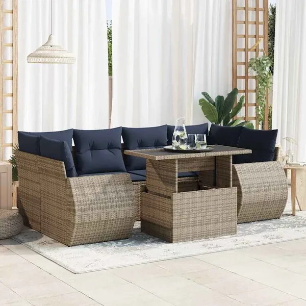 Salon de jardin avec coussins 7 pcs gris résine tressée acacia