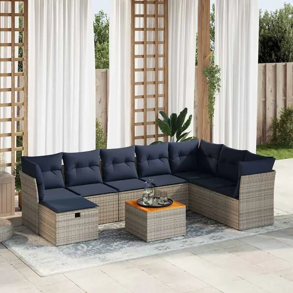 Salon de jardin 9 pcs avec coussins gris résine tressée