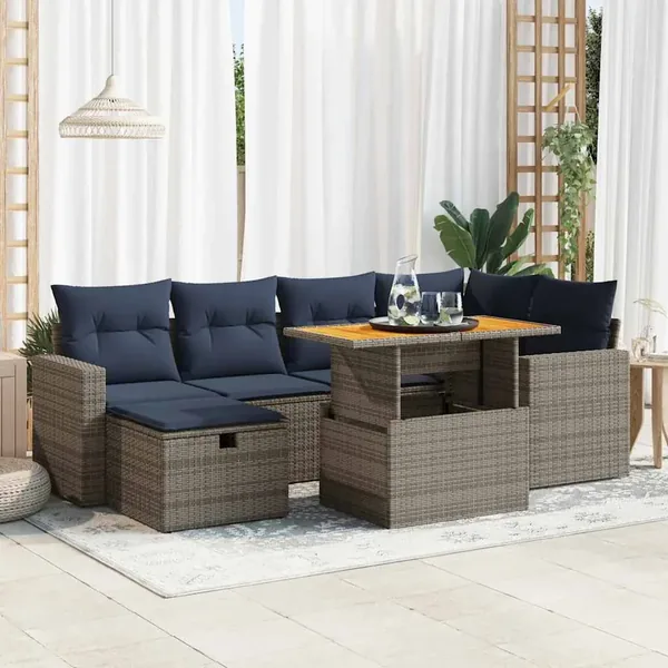 Salon de jardin avec coussins 7 pcs noir résine tressée acacia