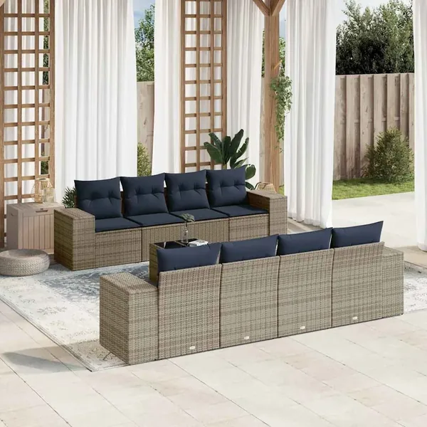 Ensemble de canapé de jardin 9 pcs avec coussins gris résine tressée