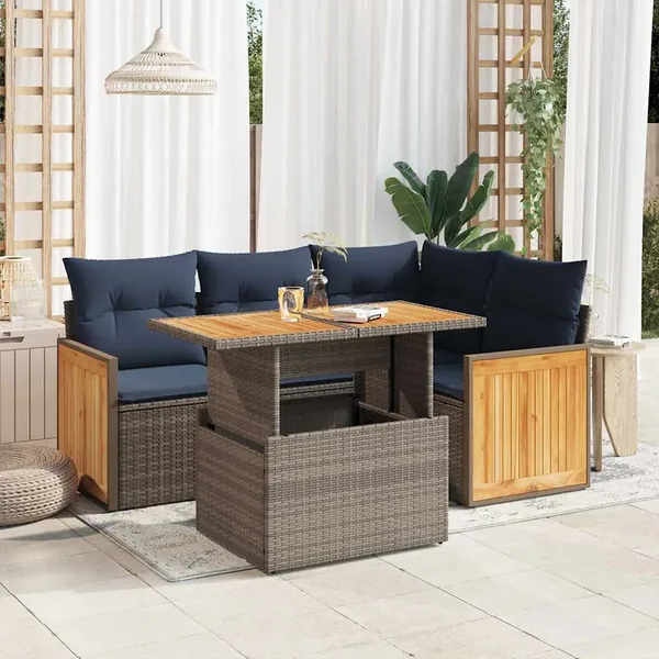 Salon de jardin 5 pcs avec coussins gris résine tressée acacia