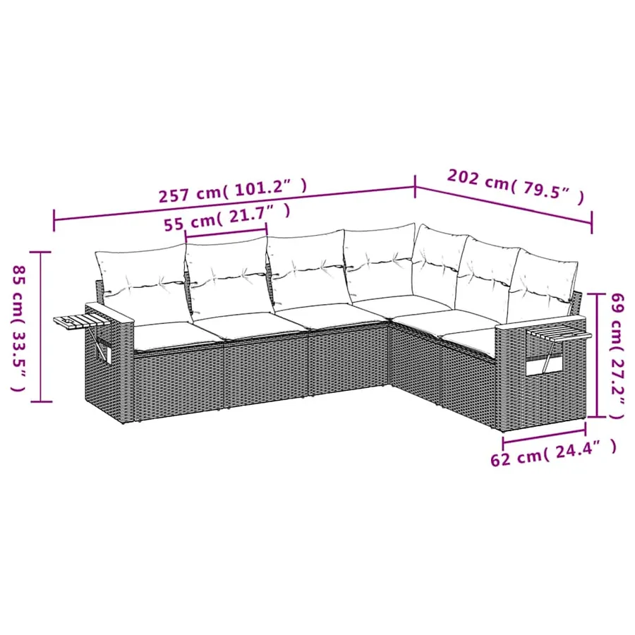 Salon de jardin 6 pcs avec coussins gris résine tressée - 8