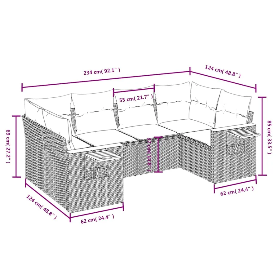 Salon de jardin 6 pcs avec coussins gris résine tressée - 8