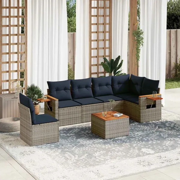 Salon de jardin 7 pcs avec coussins gris résine tressée