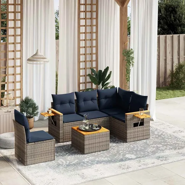 Salon de jardin 6 pcs avec coussins gris résine tressée