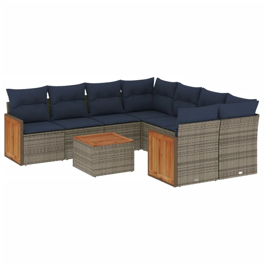 Ensemble de canapé de jardin 9 pcs avec coussins gris résine tressée - 2