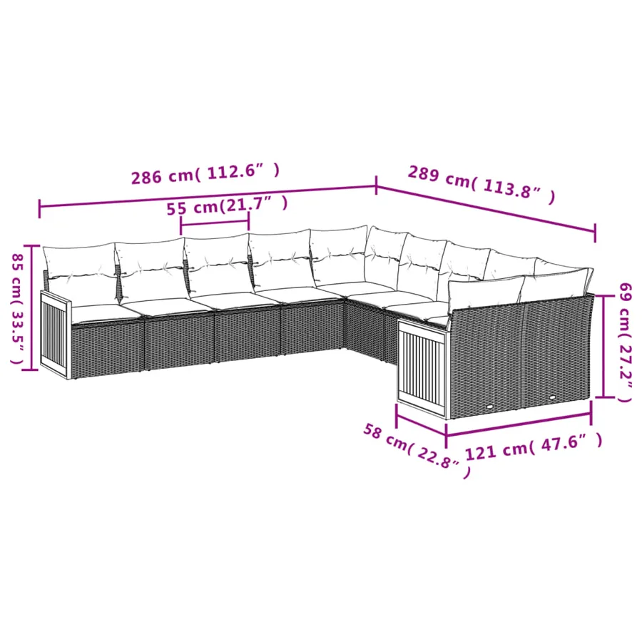 Ensemble de canapé de jardin 10 pcs avec coussins gris résine tressée - 7