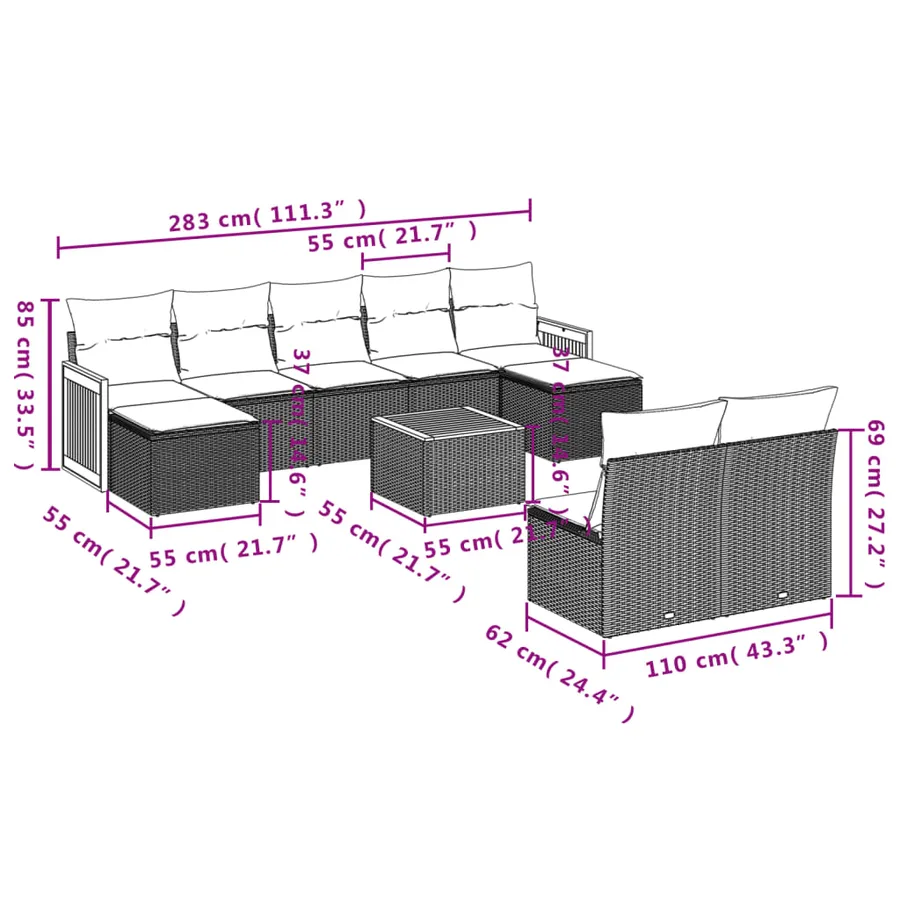 Ensemble de canapé de jardin 10 pcs avec coussins gris résine tressée - 8