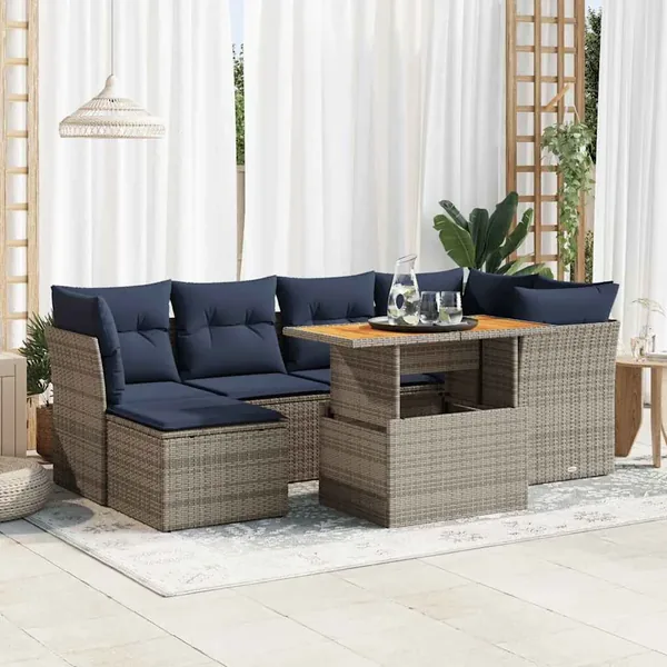 Salon de jardin avec coussins 7 pcs gris résine tressée