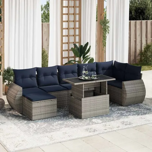 Salon de jardin avec coussins 8 pcs gris résine tressée acacia