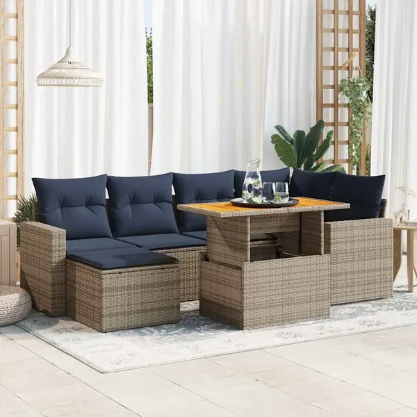 Salon de jardin avec coussins 7 pcs gris résine tressée