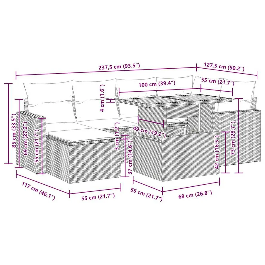 Salon de jardin avec coussins 7 pcs gris résine tressée - 16