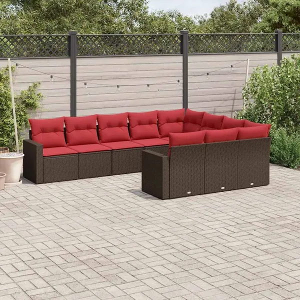 Salon de jardin 10 pcs avec coussins marron résine tressée