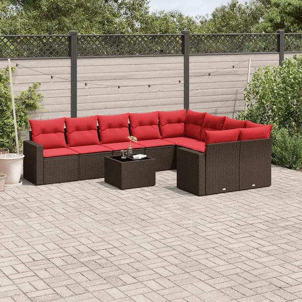 Salon de jardin 10 pcs avec coussins marron résine tressée