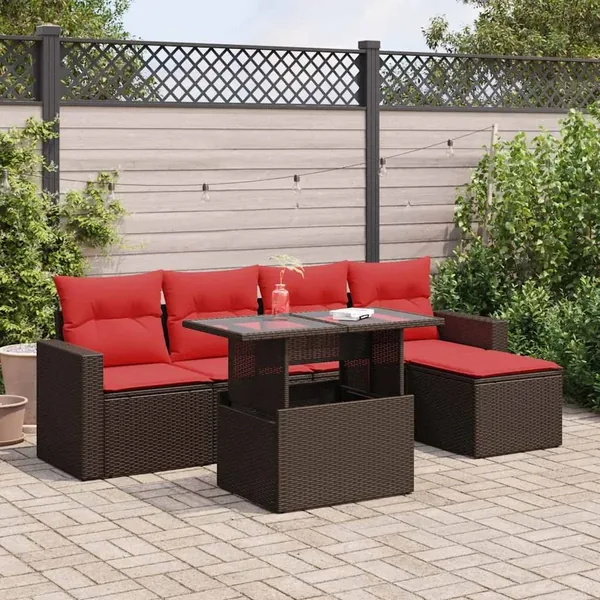 Salon de jardin avec coussins 6pcs marron résine tressée acacia