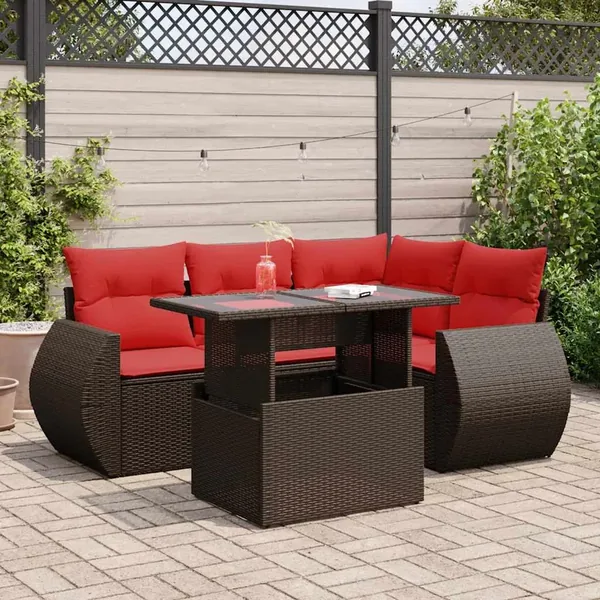Salon de jardin avec coussins 5pcs marron résine tressée acacia