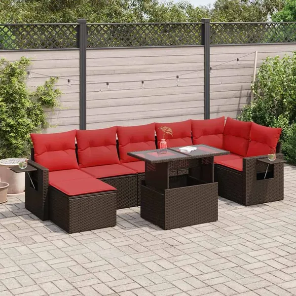 Salon de jardin 8pcs avec coussins marron résine tressée acacia