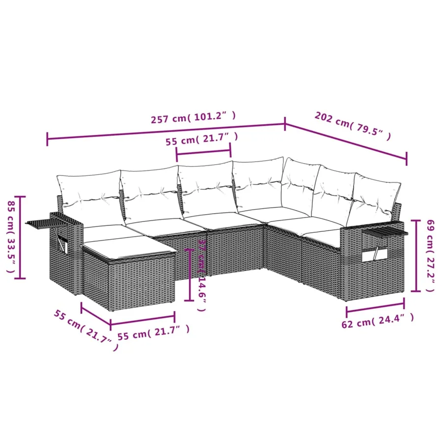 Ensemble de canapé de jardin 7 pcs avec coussins gris résine tressée - 9