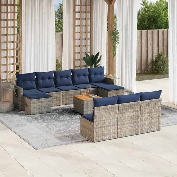 Ensemble de canapé de jardin 11 pcs avec coussins gris résine tressée