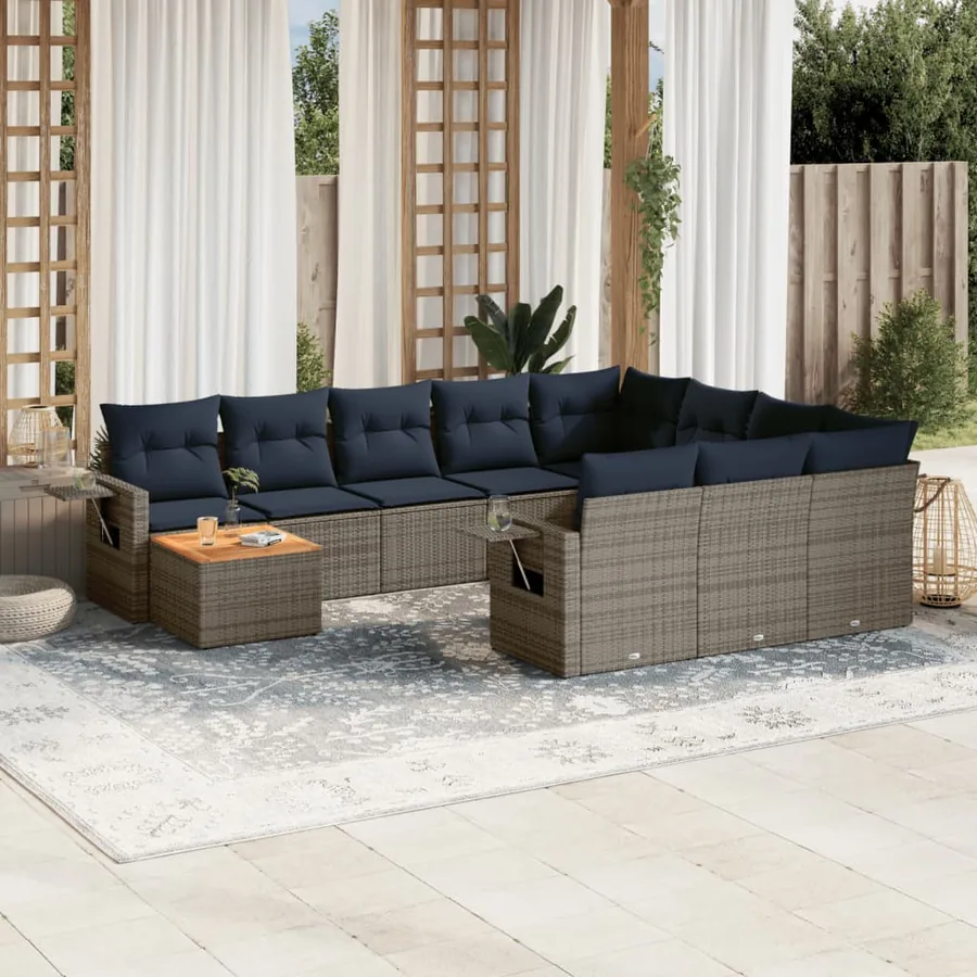 Ensemble de canapé de jardin 11 pcs avec coussins gris résine tressée