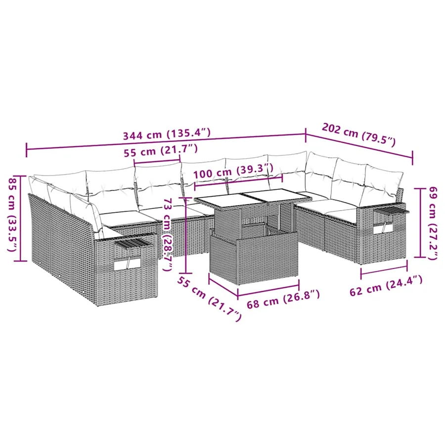 Ensemble de canapé de jardin 11 pcs avec coussins gris résine tressée - 11
