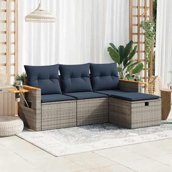 Salon de jardin 4 pcs avec coussins gris résine tressée