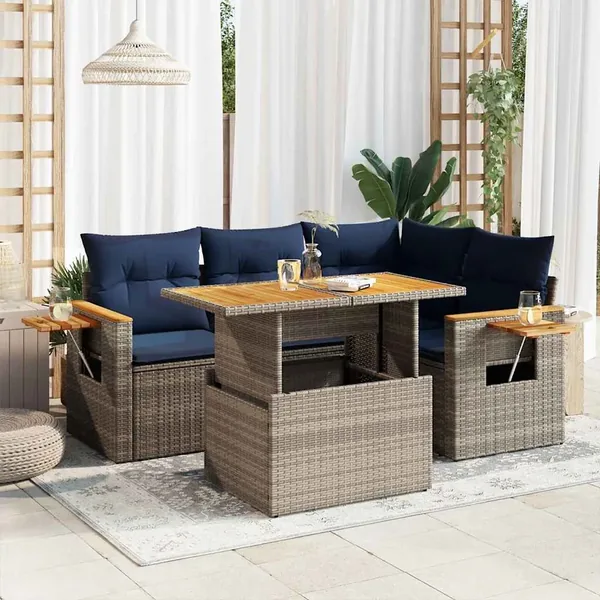 Salon de jardin 5 pcs avec coussins gris résine tressée acacia