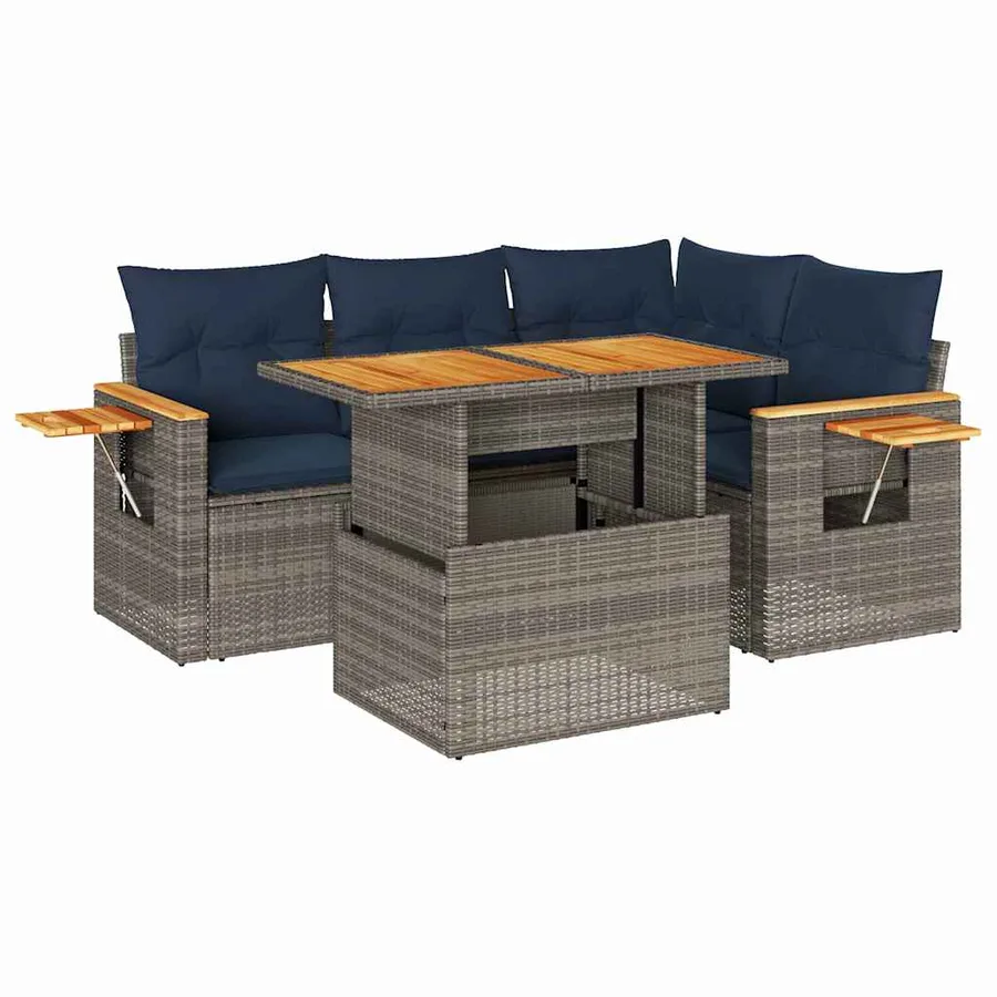 Salon de jardin 5 pcs avec coussins gris résine tressée acacia - 2