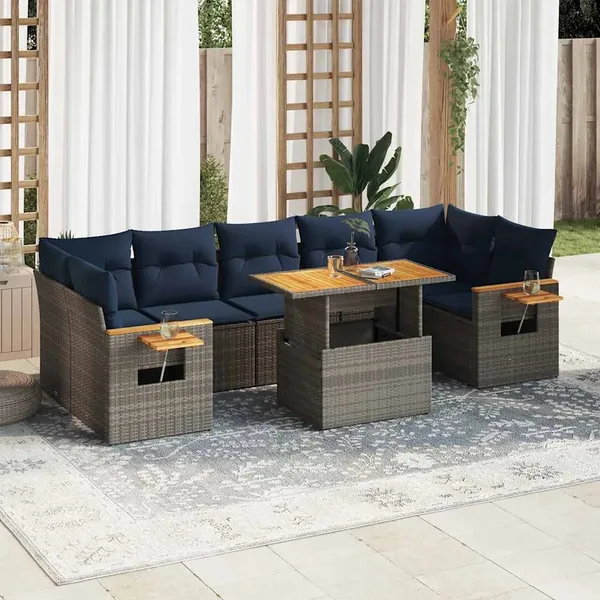 Salon de jardin 8 pcs avec coussins gris résine tressée