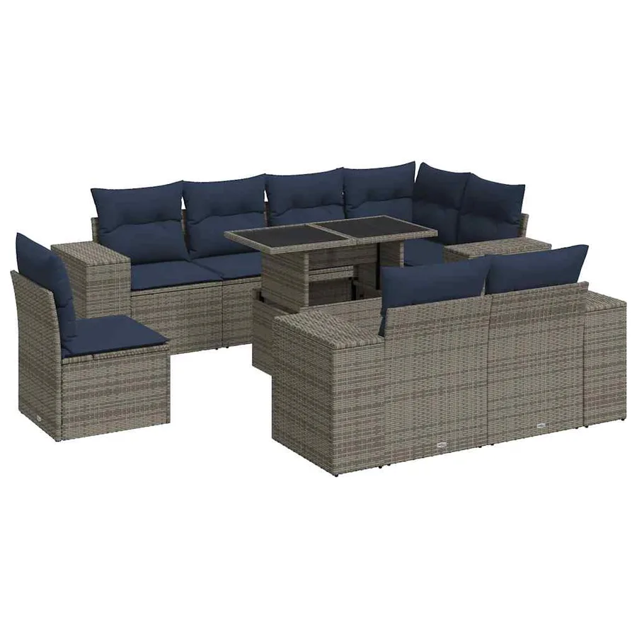 Salon de jardin avec coussins 9 pcs gris résine tressée acacia - 2