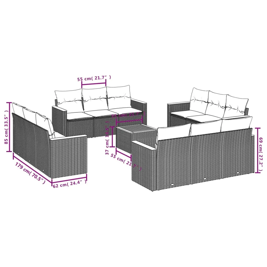 Ensemble de canapé de jardin 13 pcs avec coussins gris résine tressée - 8