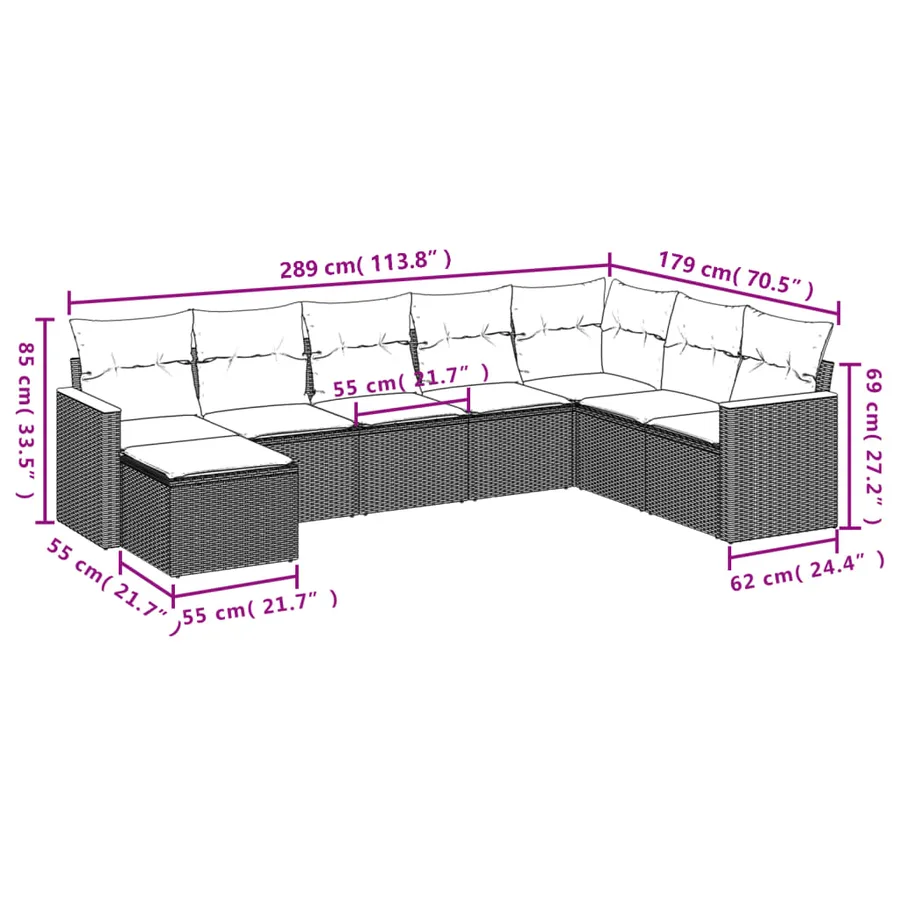 Ensemble de canapé de jardin 8 pcs avec coussins gris résine tressée - 8