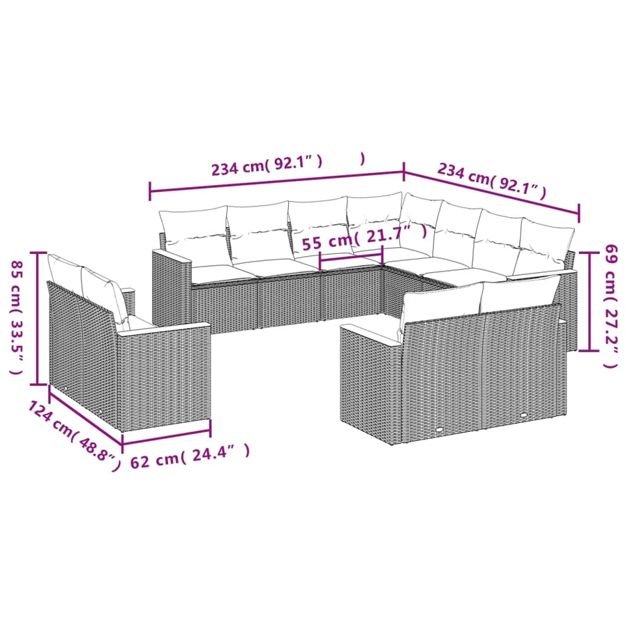 Ensemble de canapé de jardin 11 pcs avec coussins gris résine tressée - 7