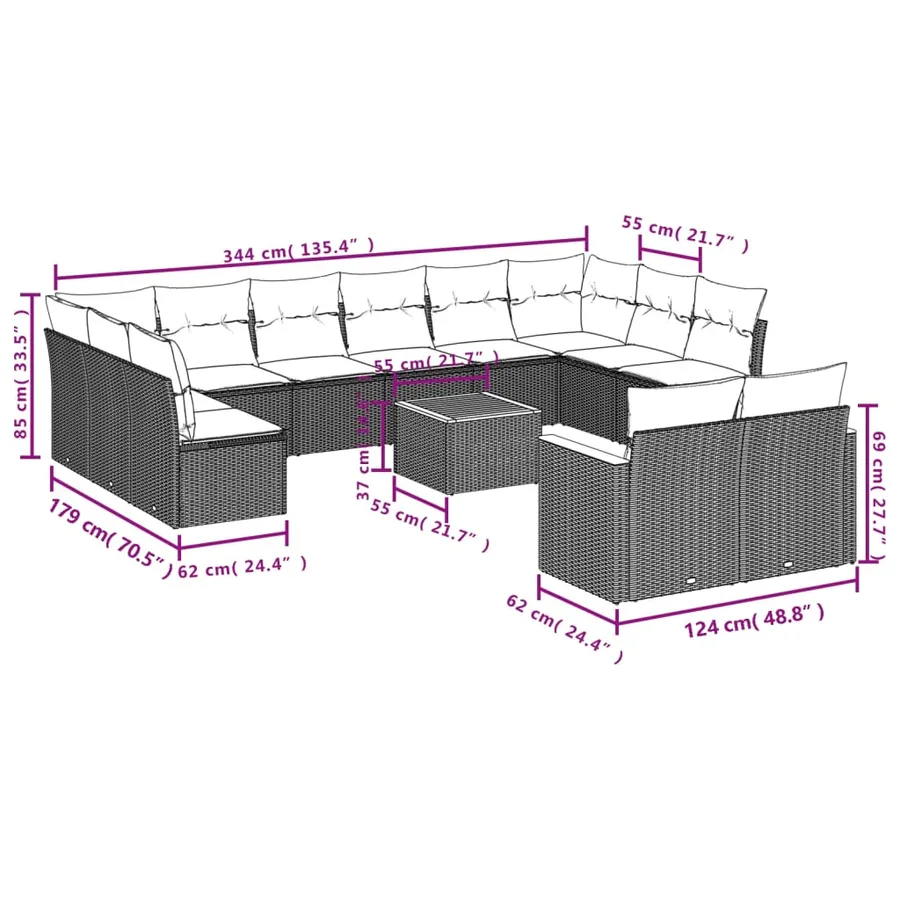 Ensemble de canapé de jardin 13 pcs avec coussins gris résine tressée - 8