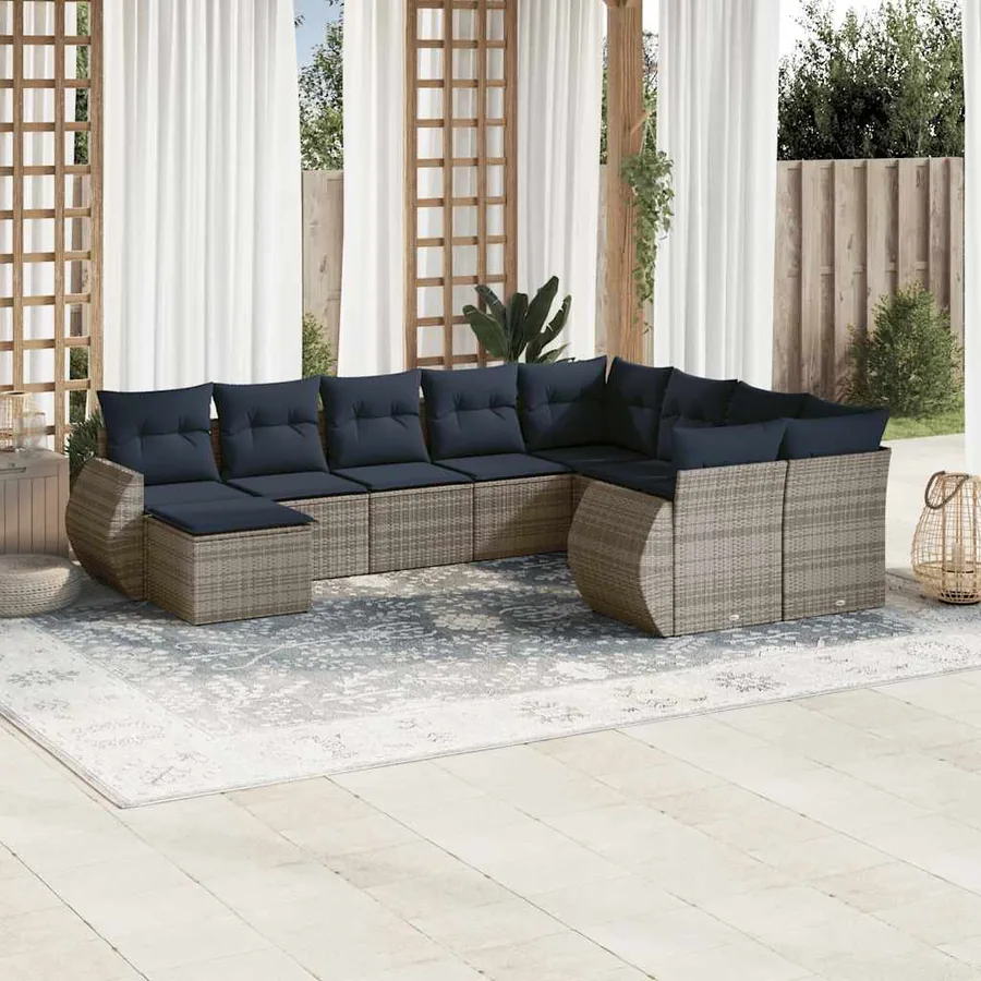 Ensemble de canapé de jardin 10 pcs avec coussins gris résine tressée