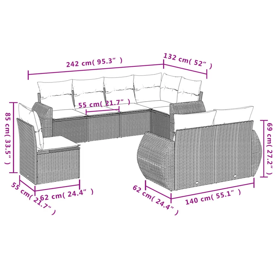 Ensemble de canapé de jardin 8 pcs avec coussins gris résine tressée - 7