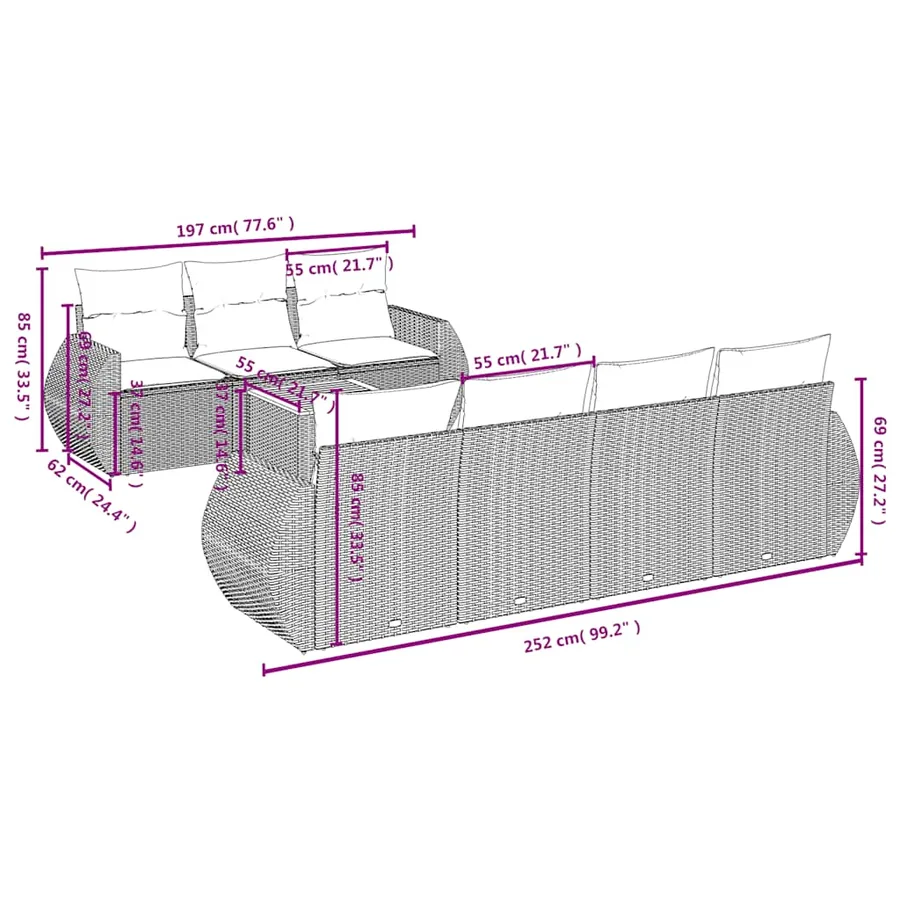 Ensemble de canapé de jardin 8 pcs avec coussins gris résine tressée - 8