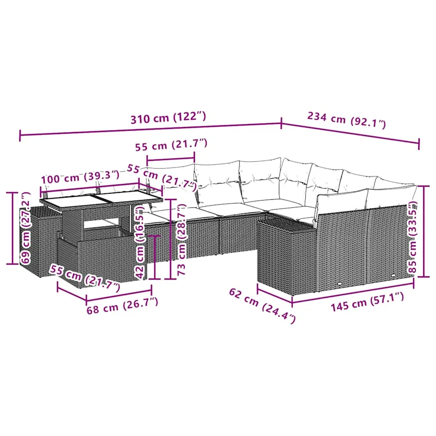 Ensemble de canapé de jardin 10 pcs avec coussins marron résine tressée - 10