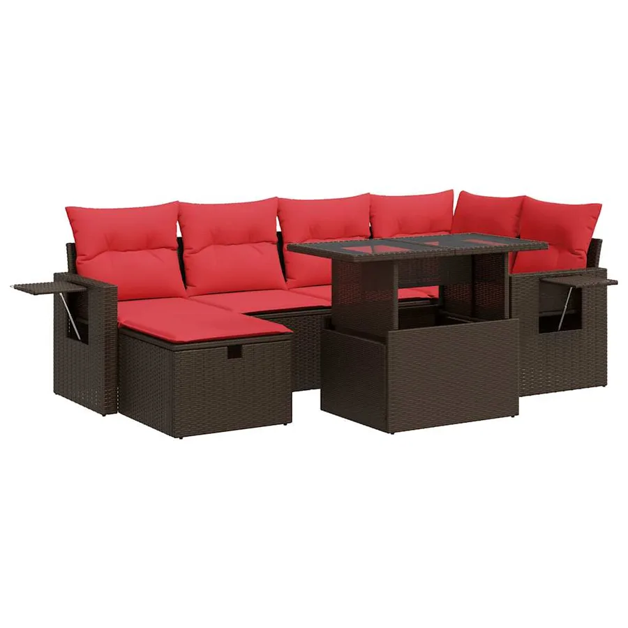 Salon de jardin avec coussins 7 pcs marron résine tressée acacia - 2