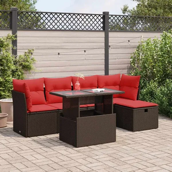Salon de jardin avec coussins 6pcs marron résine tressée acacia