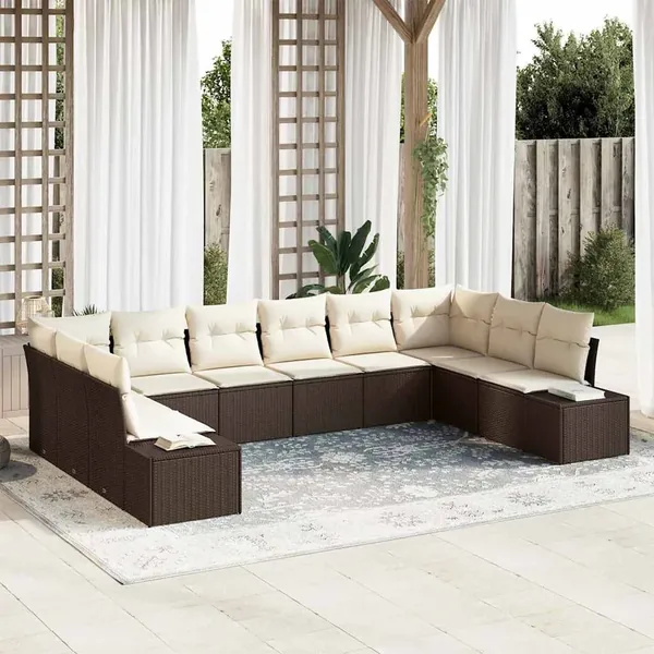 Ensemble de canapé de jardin 10 pcs Marron et Crème Polyrotin