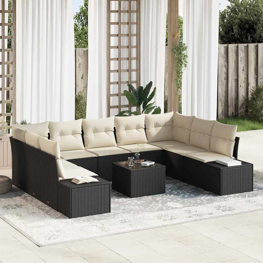 Ensemble de canapé de jardin 9 pcs Noir et Crème Polyrotin