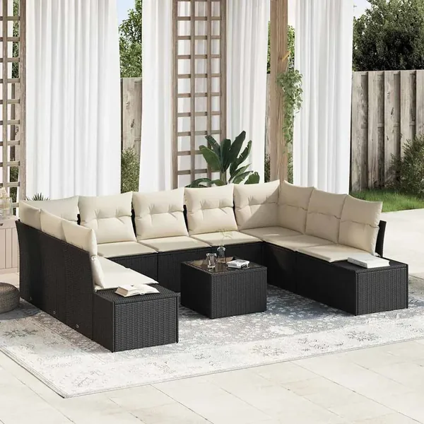 Ensemble de canapé de jardin 9 pcs Noir et Crème Polyrotin