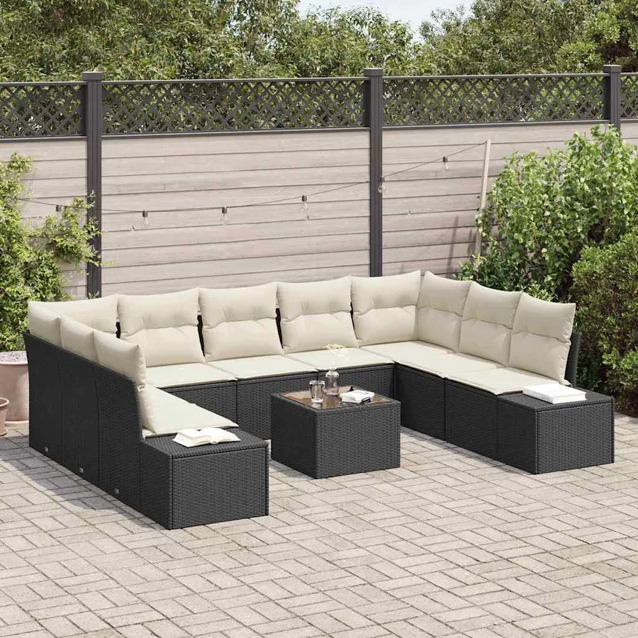 Ensemble de canapé de jardin 9 pcs Noir et Crème Polyrotin - 3